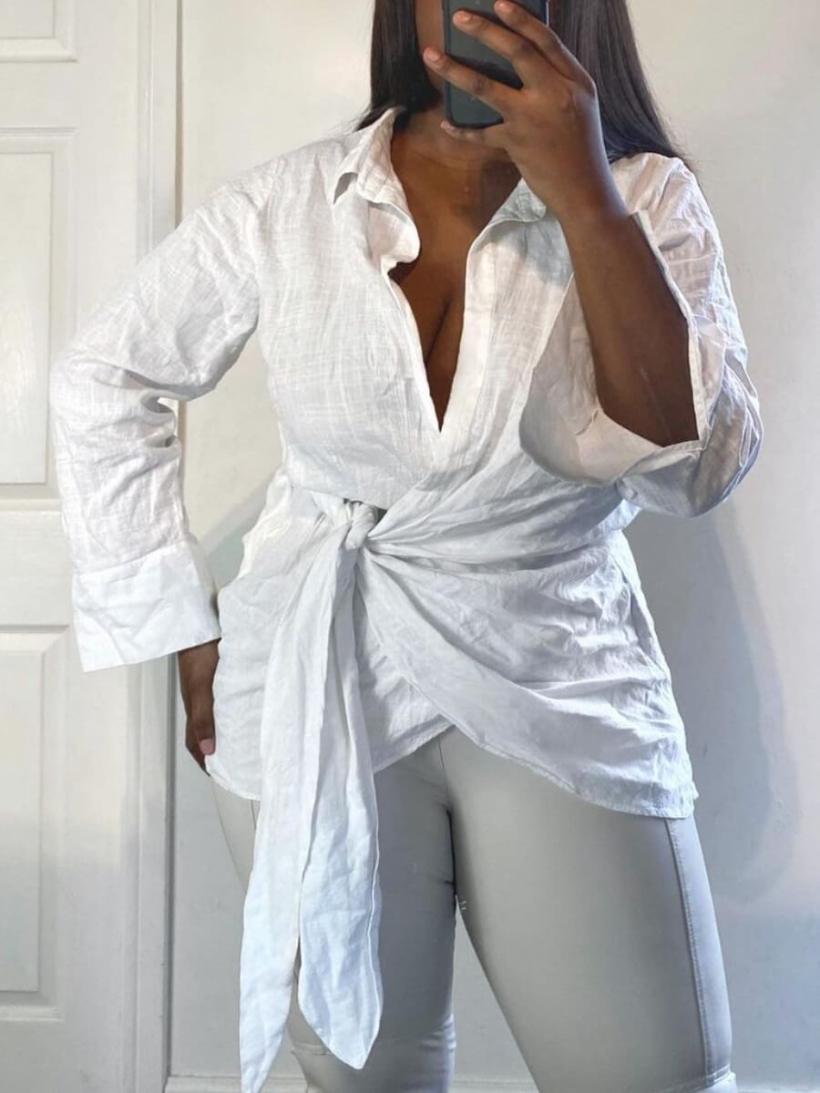 

Lovely Stylish Shirt Collar Knot Design White Blouse
