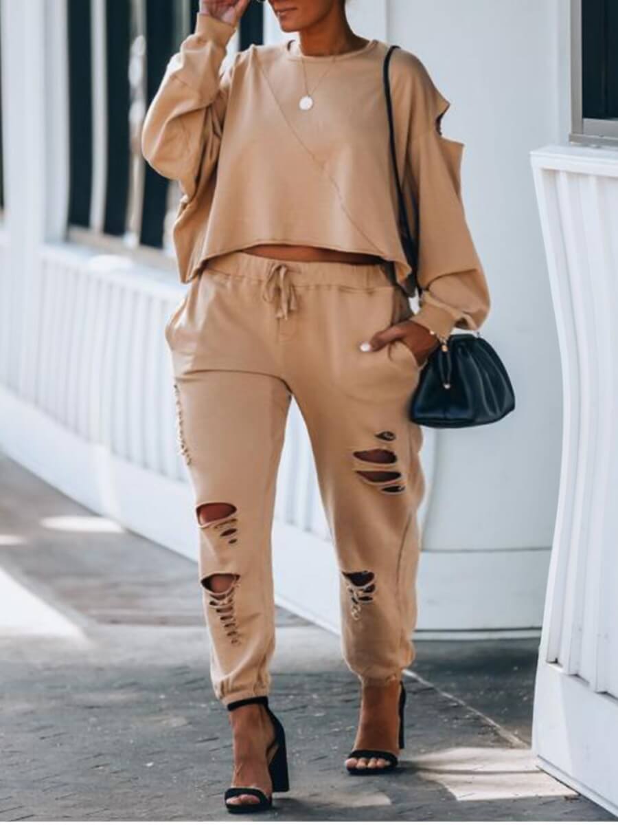 

Lovely Casual O Neck Broken Holes Khaki Plus Size Two-piece Pants Set