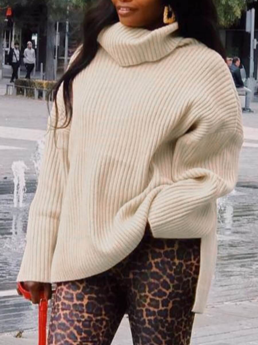 

Lovely Casual Turtleneck Striped Beige Sweater