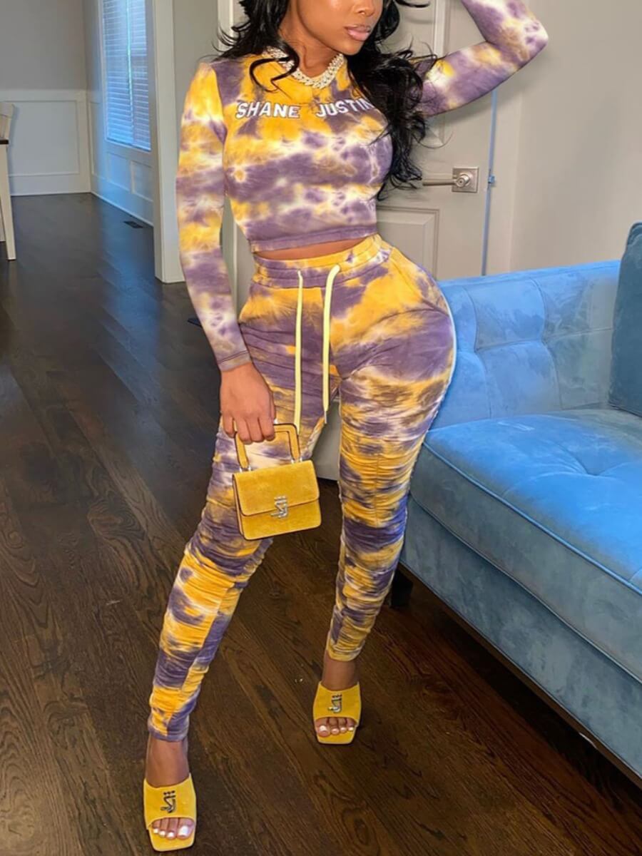 

Lovely Stylish O Neck Tie Dye Fold Design Multicolor Two Piece Pants Set, Multi