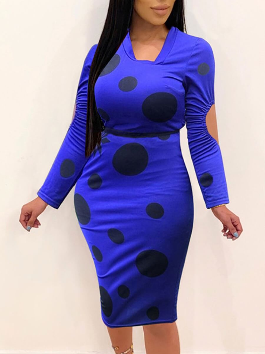 

Lovely Stylish Dot Print Blue Knee Length Dress