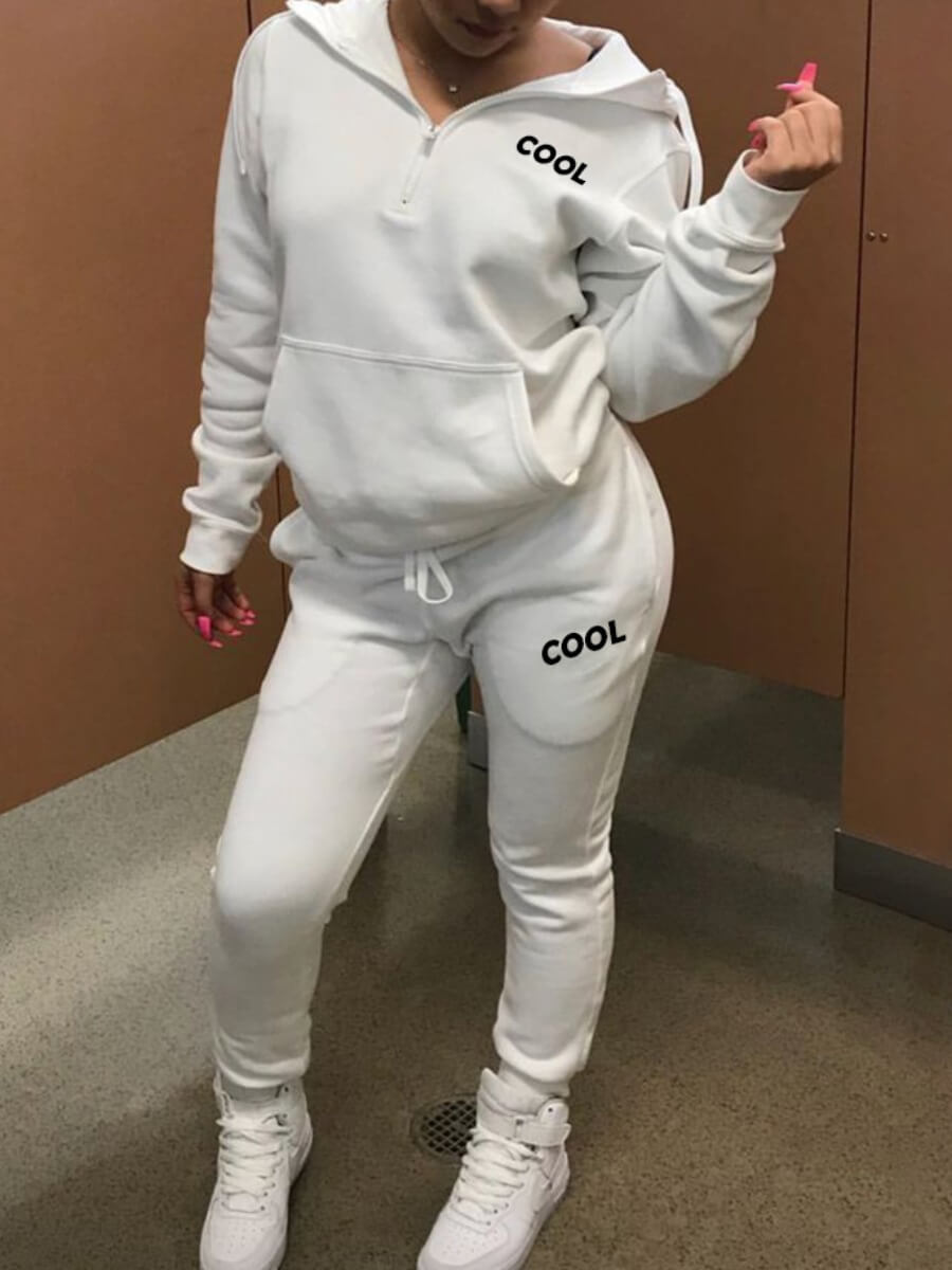 

Lovely Sportswear Hooded Collar Letter Print White Two Piece Pants Set