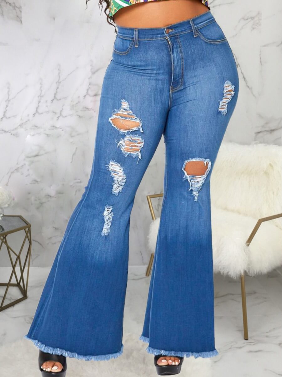 

Lovely Street High-waisted Broken Holes Blue Plus Size Jeans