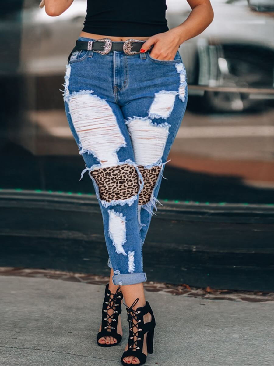 

Lovely Stylish Broken Holes Patchwork Deep Blue Plus Size Jeans