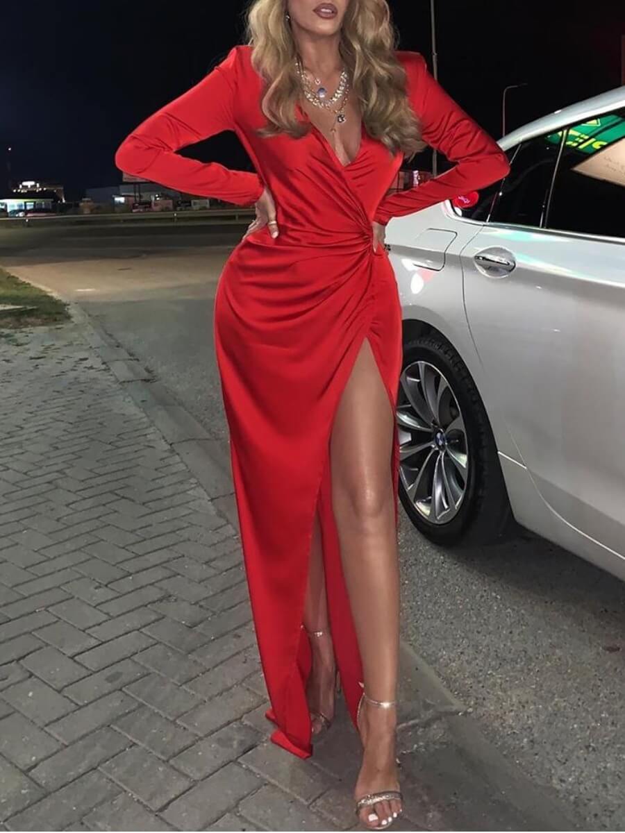 

Lovely Trendy V Neck Side High Slit Red Maxi Dress
