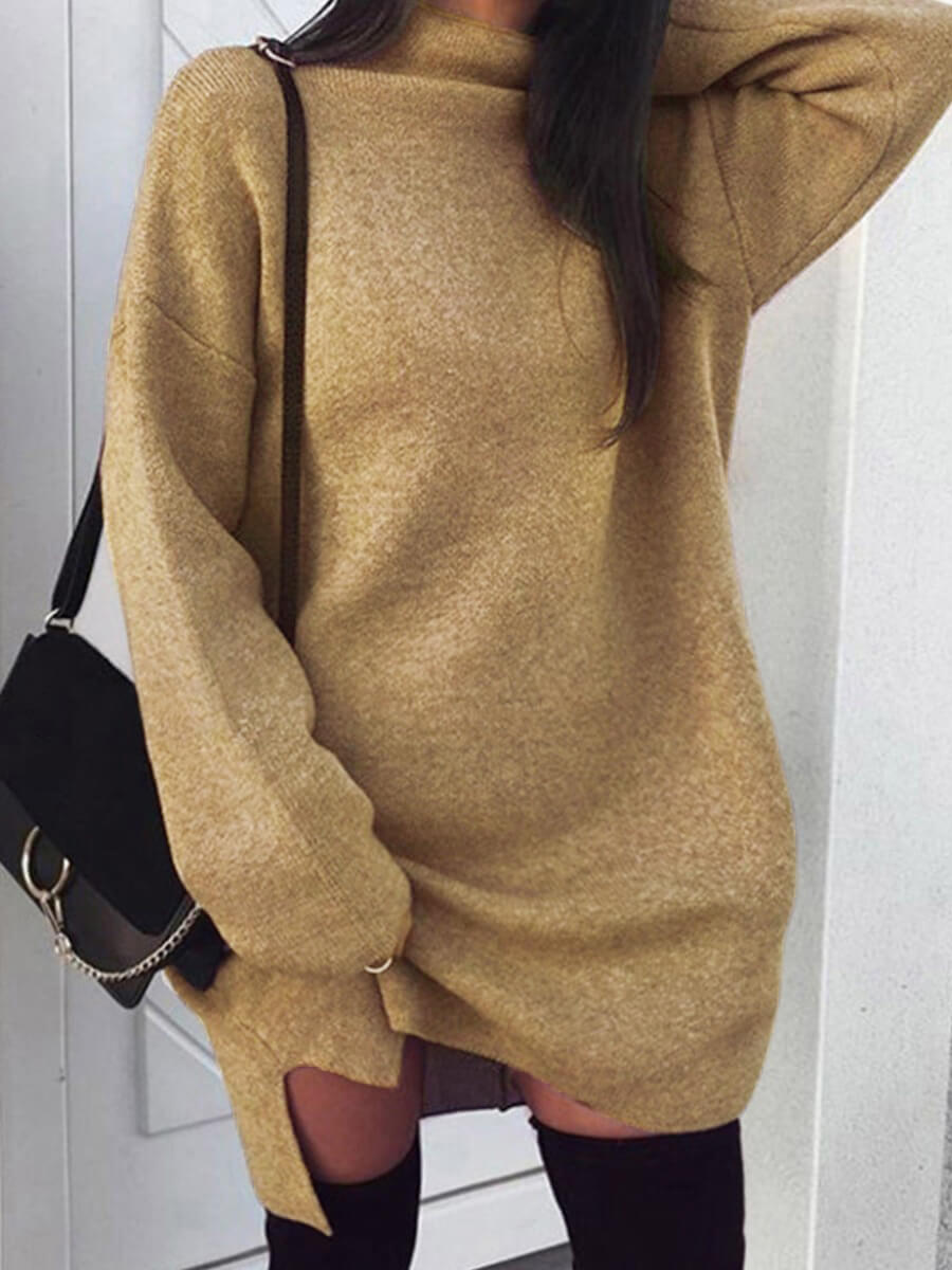 

Lovely Plus Size Casual Half A Turtleneck Loose Khaki Mini Dress
