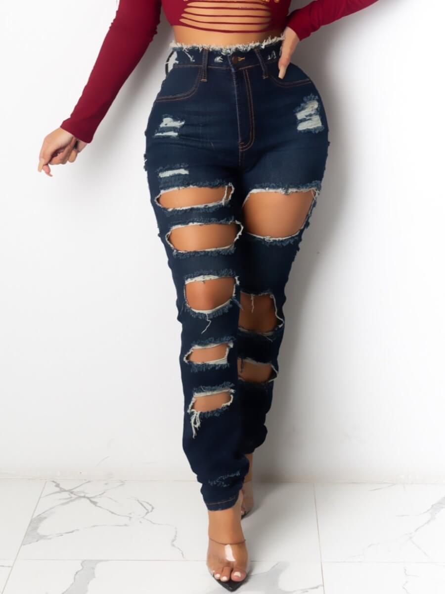 

Lovely Street Hollow-out Deep Blue Jeans