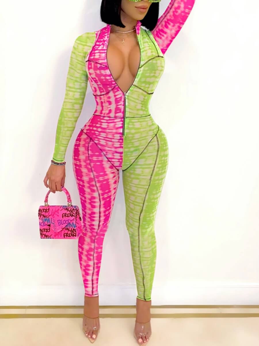 

Lovely Trendy Print Patchwork Skinny Rose Red One-piece Jumpsuit