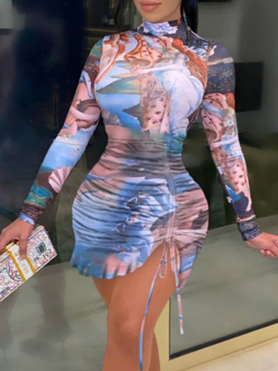 

LW Stylish Turtleneck Print Fold Design Blue Mini Dress