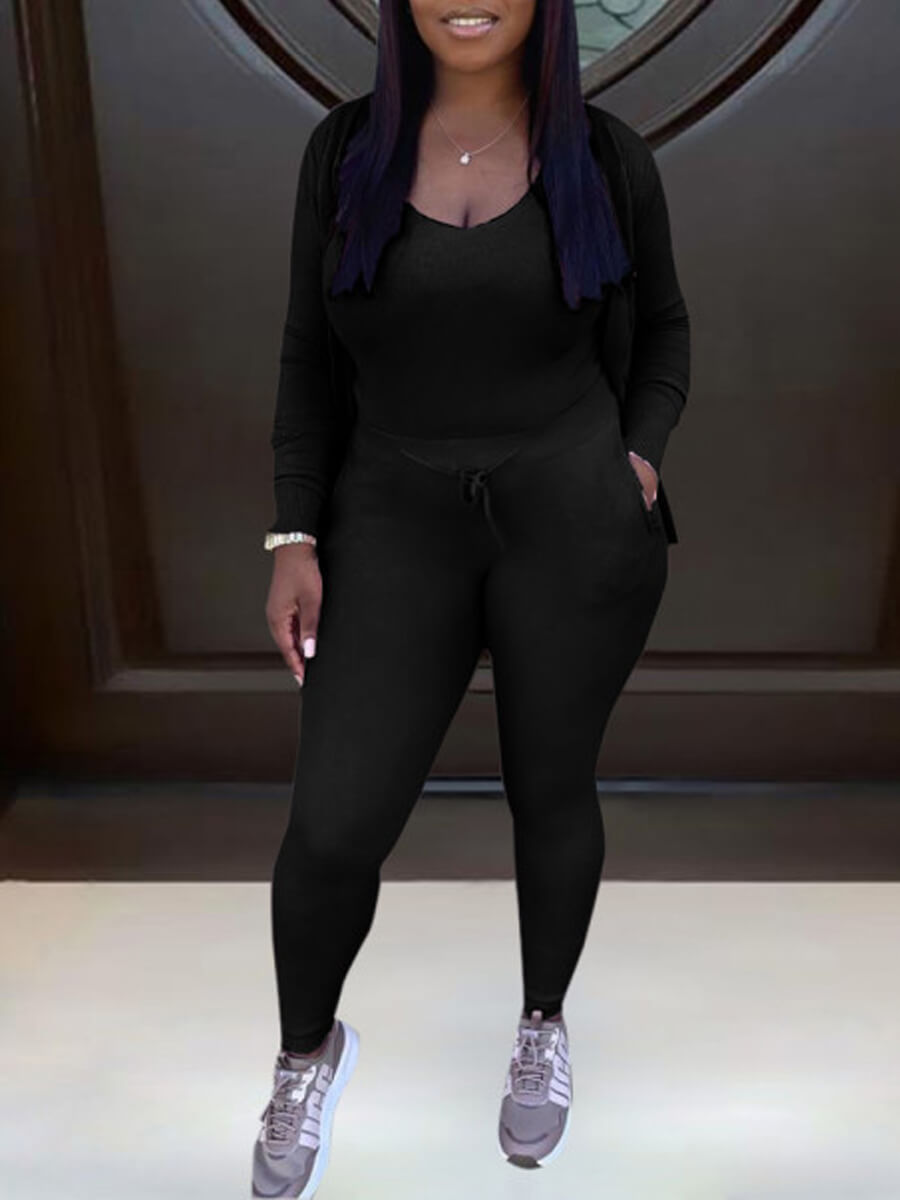 

Lovely Casual U Neck Basic Skinny Black Plus Size Three-piece Pants Set