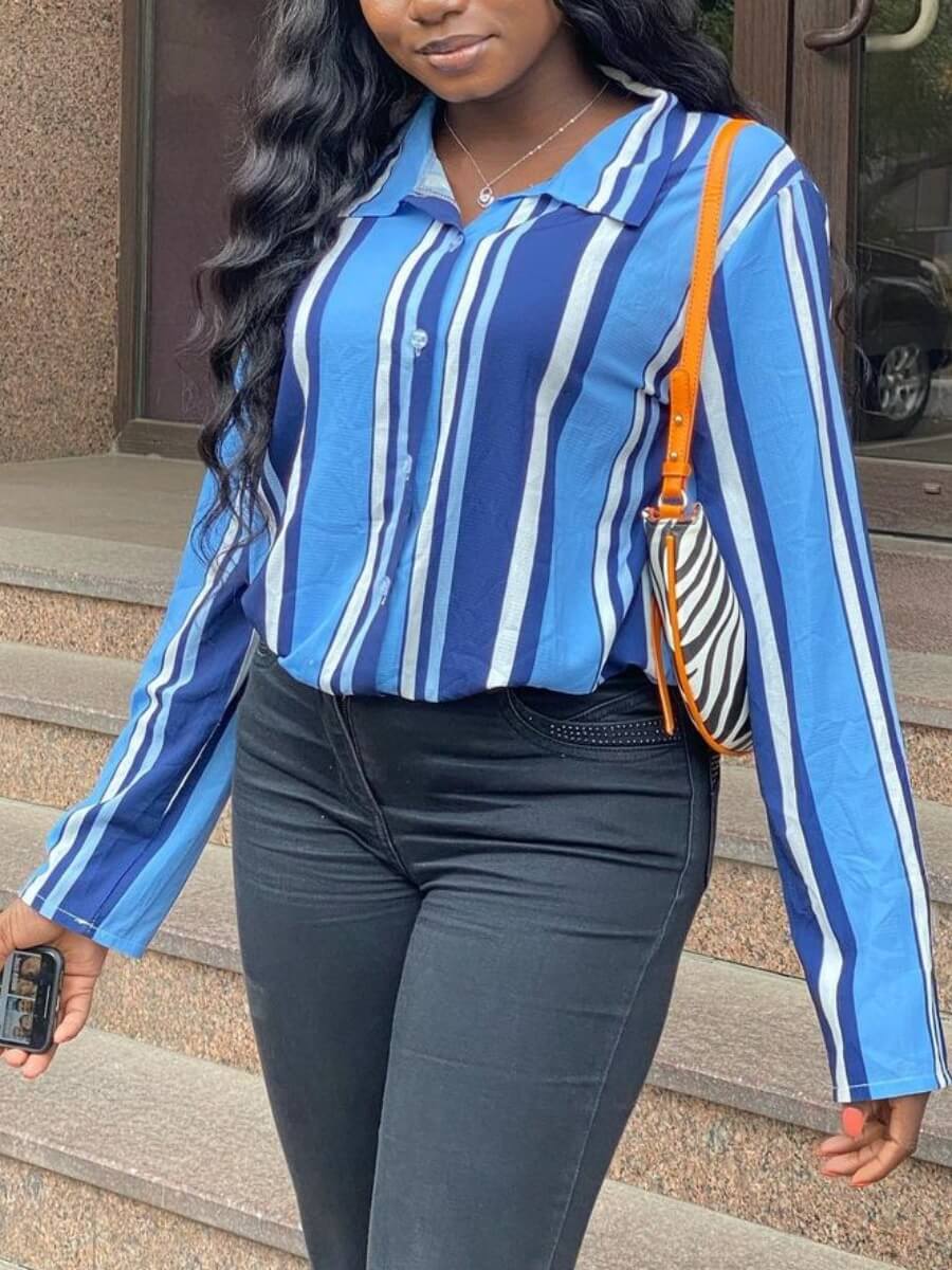 

Lovely Casual Turndown Collar Striped Navy Blue Blouse