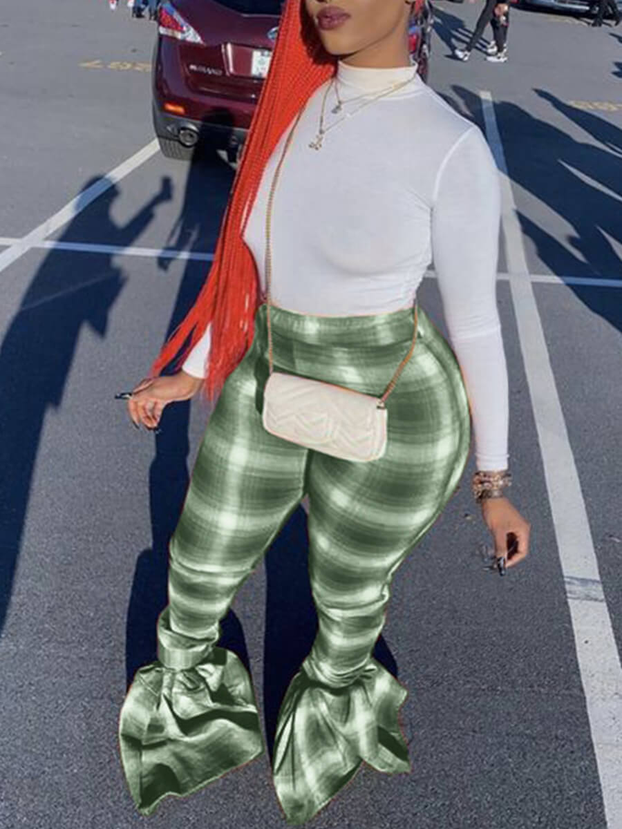 

Lovely Casual Turtleneck Grid Print Green Plus Size Two-piece Pants Set