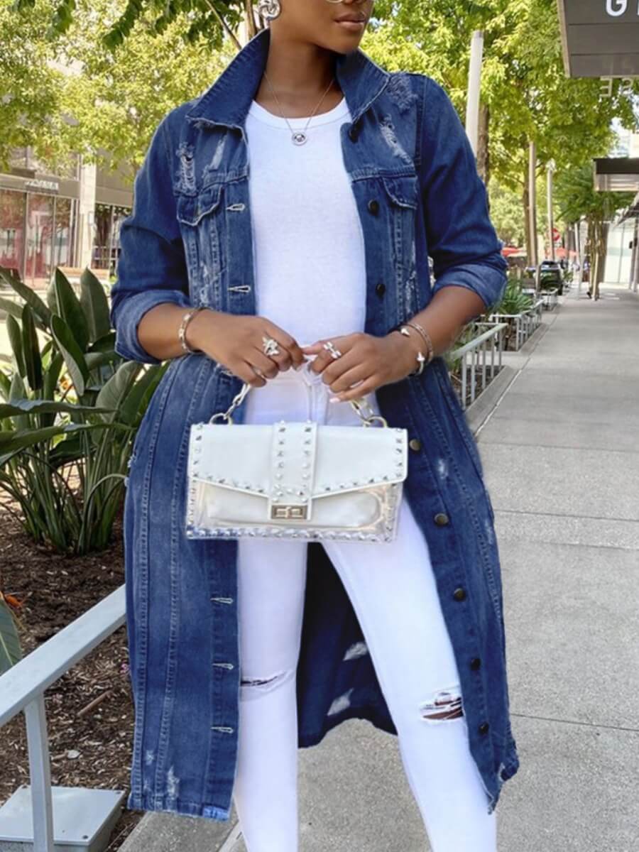 

Lovely Trendy Turndown Collar Broken Holes Deep Blue Plus Size Denim Jacket
