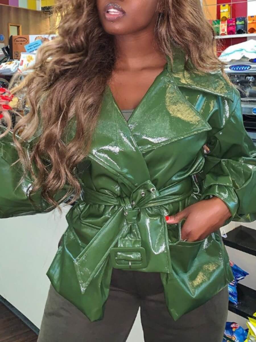 

Lovely Stylish Turndown Collar Lace-up Green Faux Fur