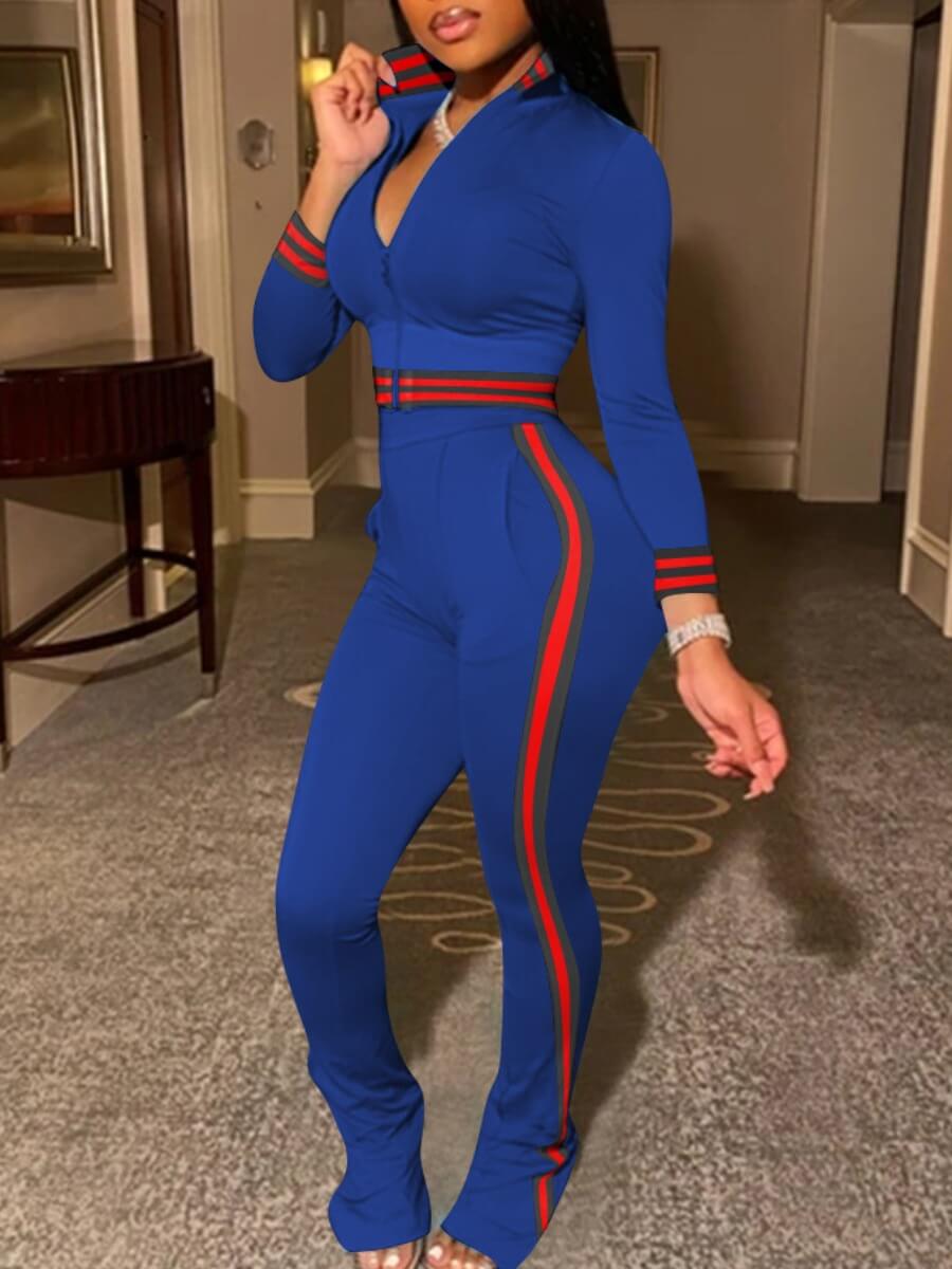 

Lovely Sportswear Zipper Design Patchwork Royalblue Two Piece Pants Set