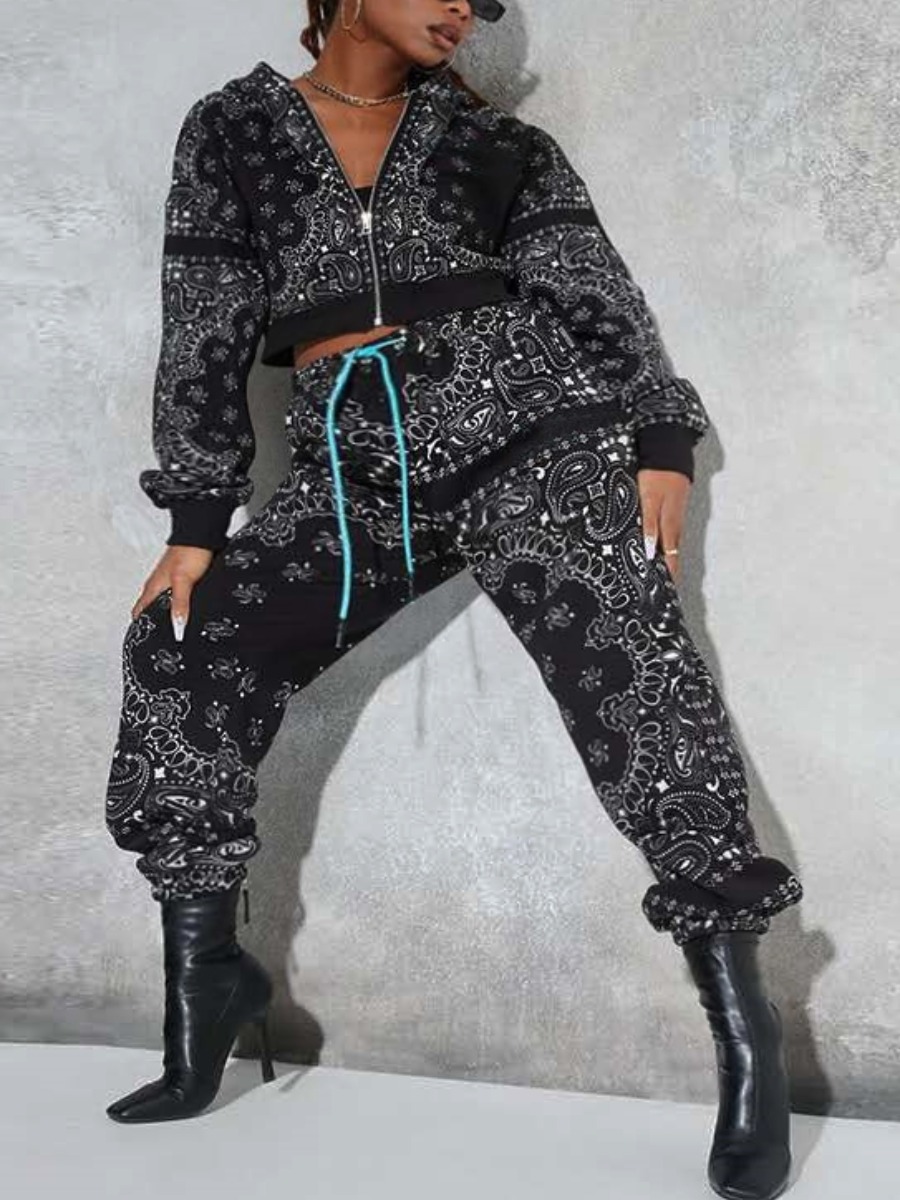 

Lovely Casual Hooded Collar Print Loose Black Two Piece Pants Set