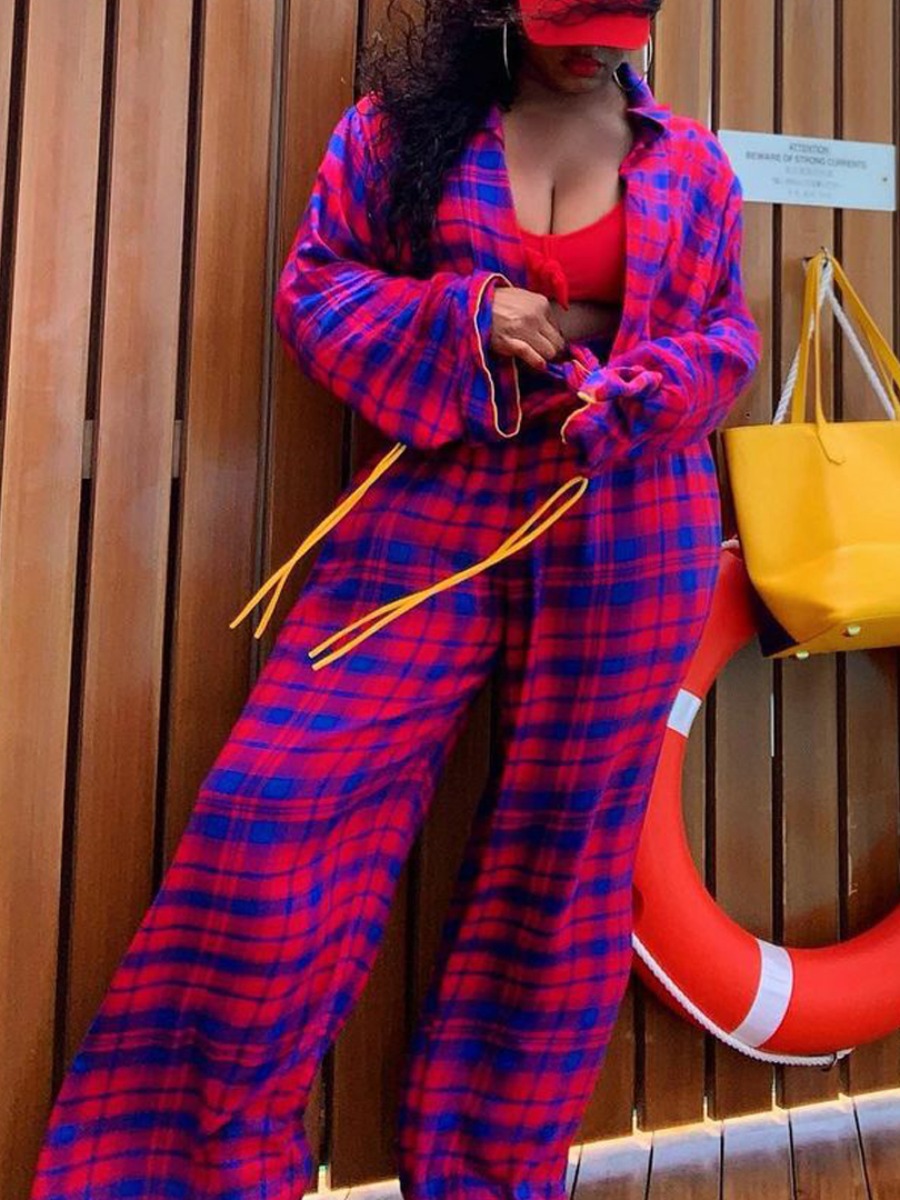 

Lovely Stylish Turndown Collar Grid Print Red Two Piece Pants Set