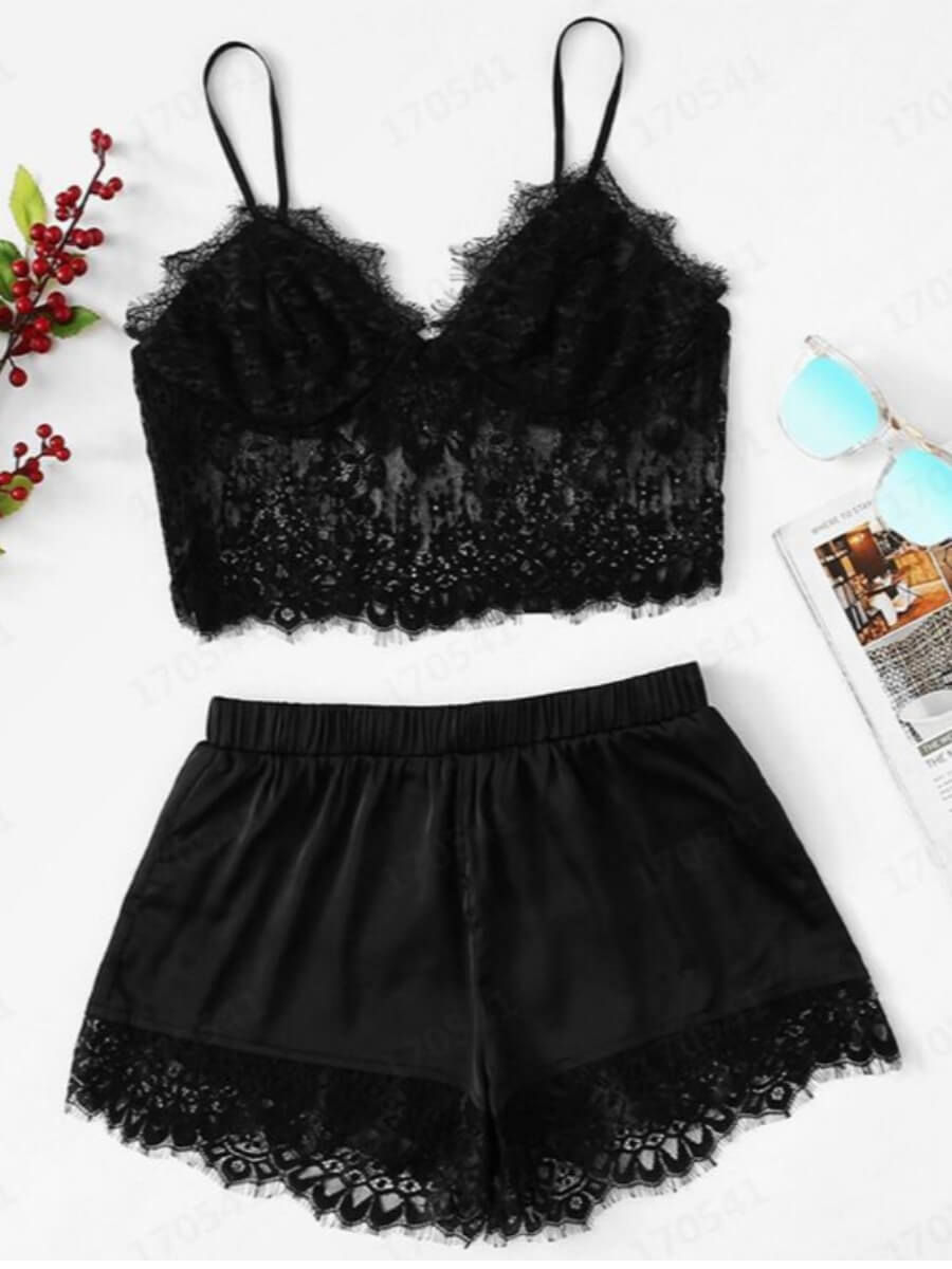 

Lovely Sexy Spaghetti Strap Lace See-through Black Sleepwear