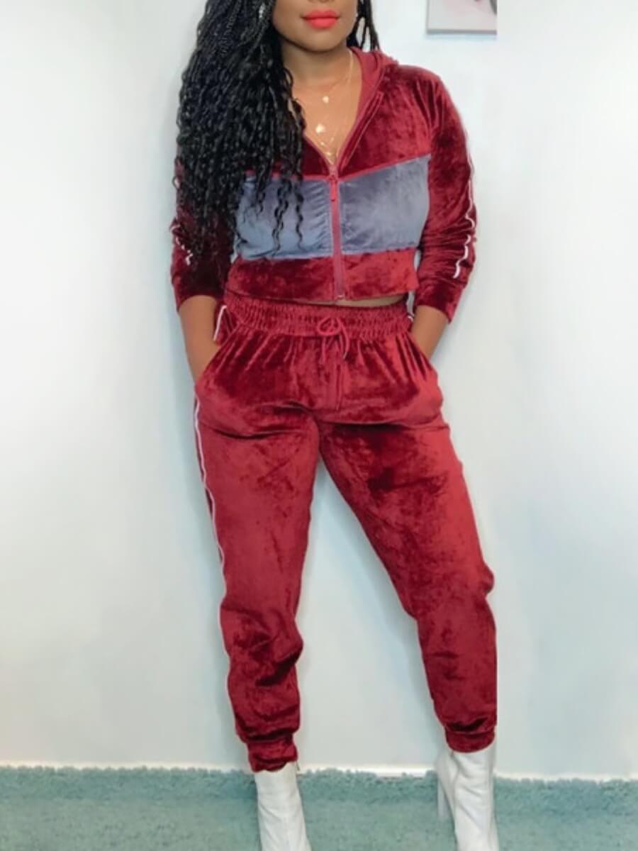 

Lovely Casual Hooded Collar Patchwork Wine Red Two Piece Pants Set