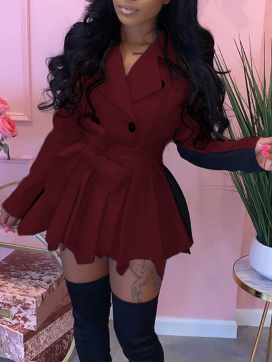

LW Trendy Turndown Collar Patchwork Fold Design Wine Red Mini Dress