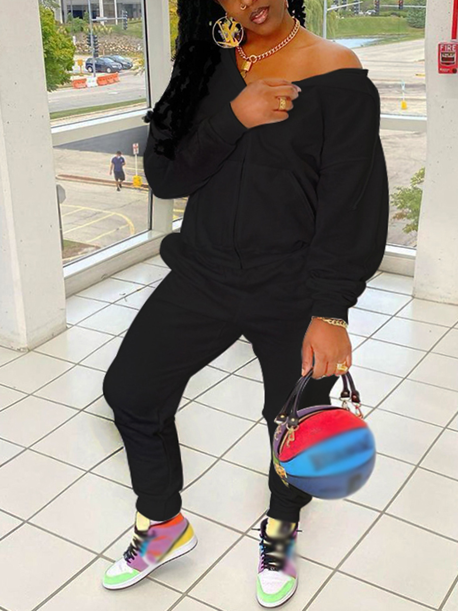 

Lovely Casual Hooded Collar Basic Black Two Piece Pants Set