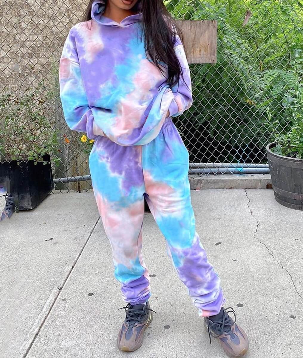 

Lovely Leisure Hooded Collar Tie Dye Multicolor Two Piece Pants Set, Multi