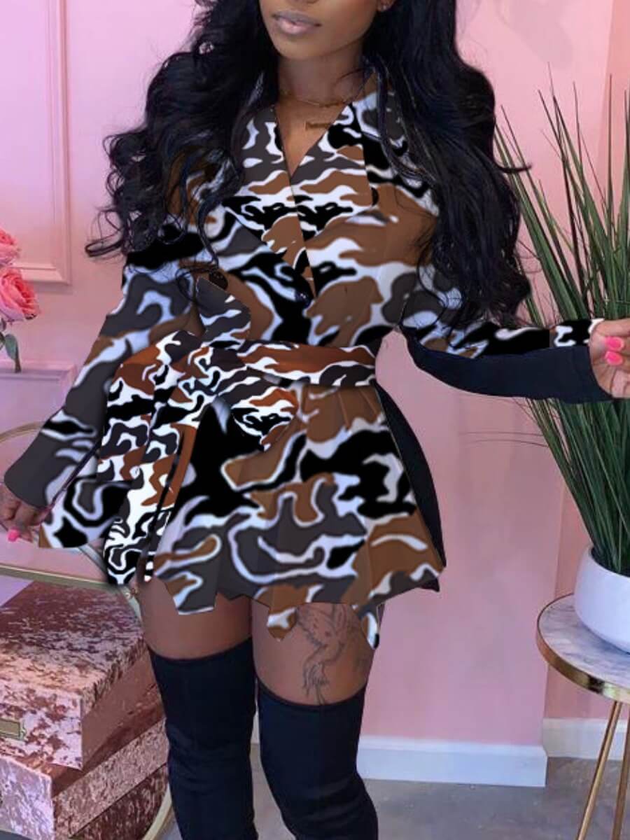 

Lovely Stylish Turndown Collar Print Coffee Mini Dress
