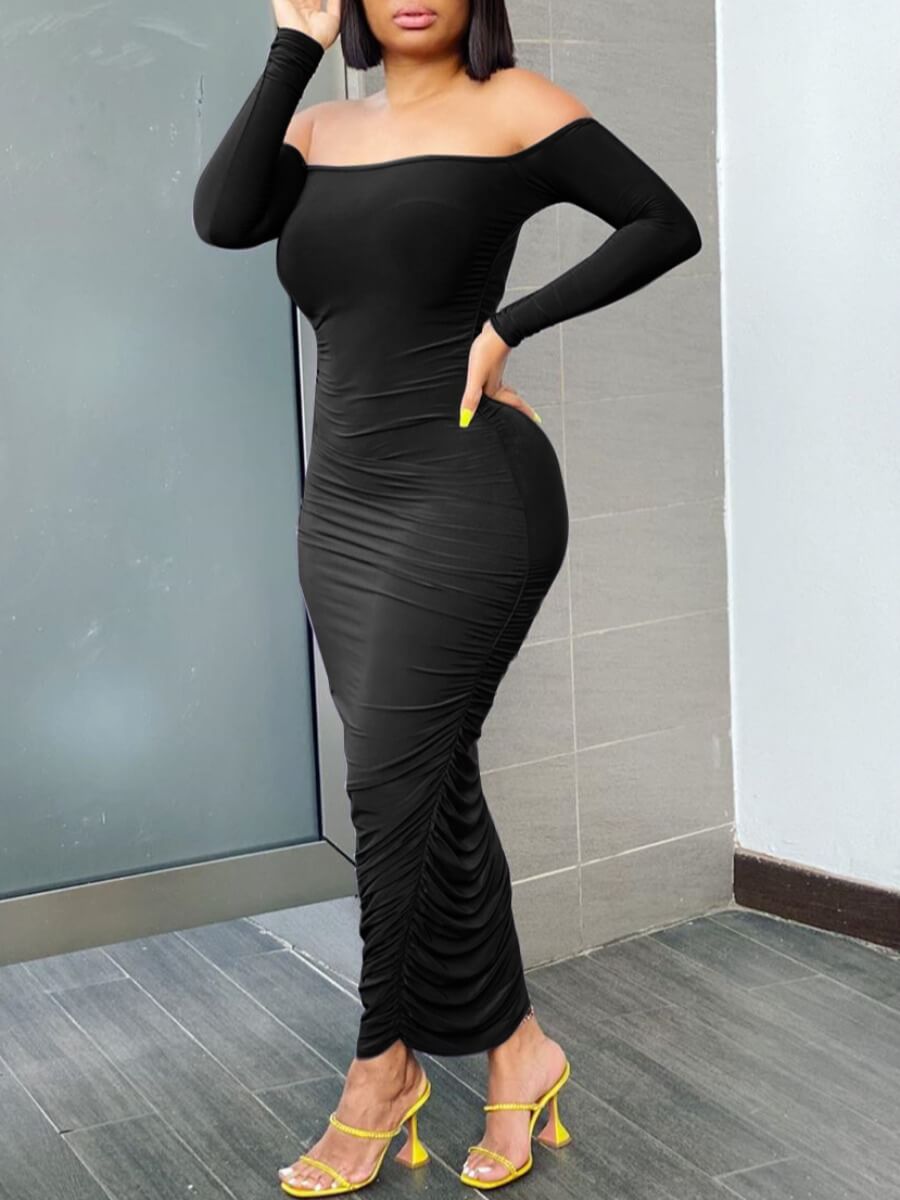 

Lovely Stylish Dew Shoulder Fold Design Black Ankle Length Dress
