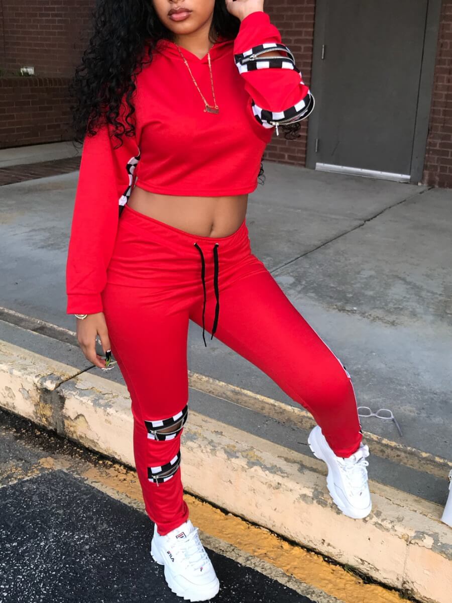 

Lovely Street Hooded Collar Patchwork Red Two Piece Pants Set