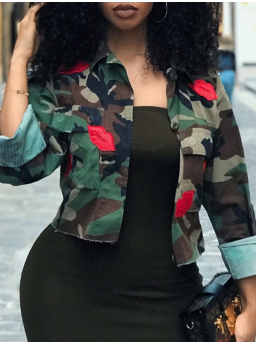 

Lovely Casual Turndown Collar Camo Print Army Green Denim Jacket