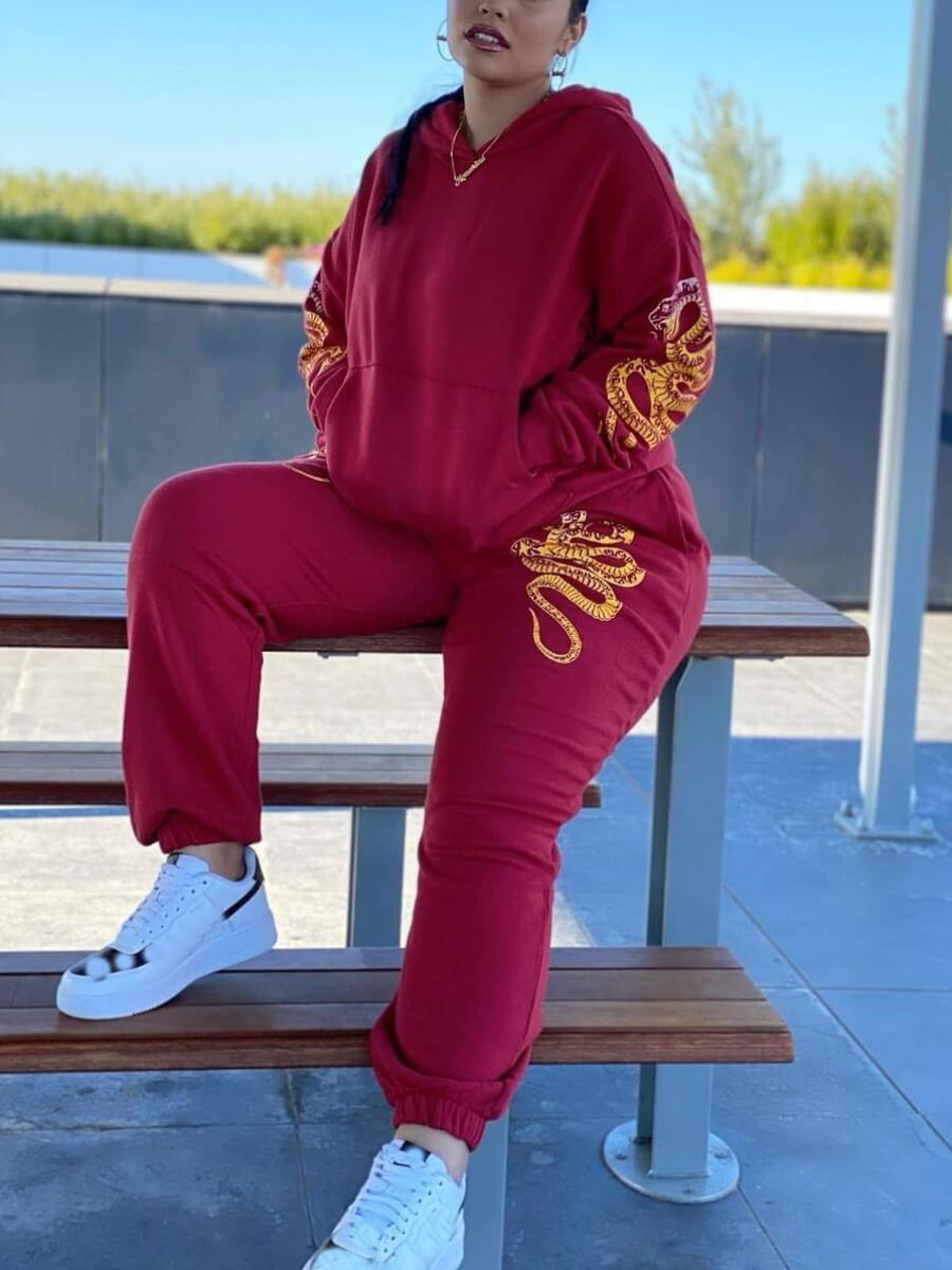 

Lovely Casual Hooded Collar Print Red Two Piece Pants Set