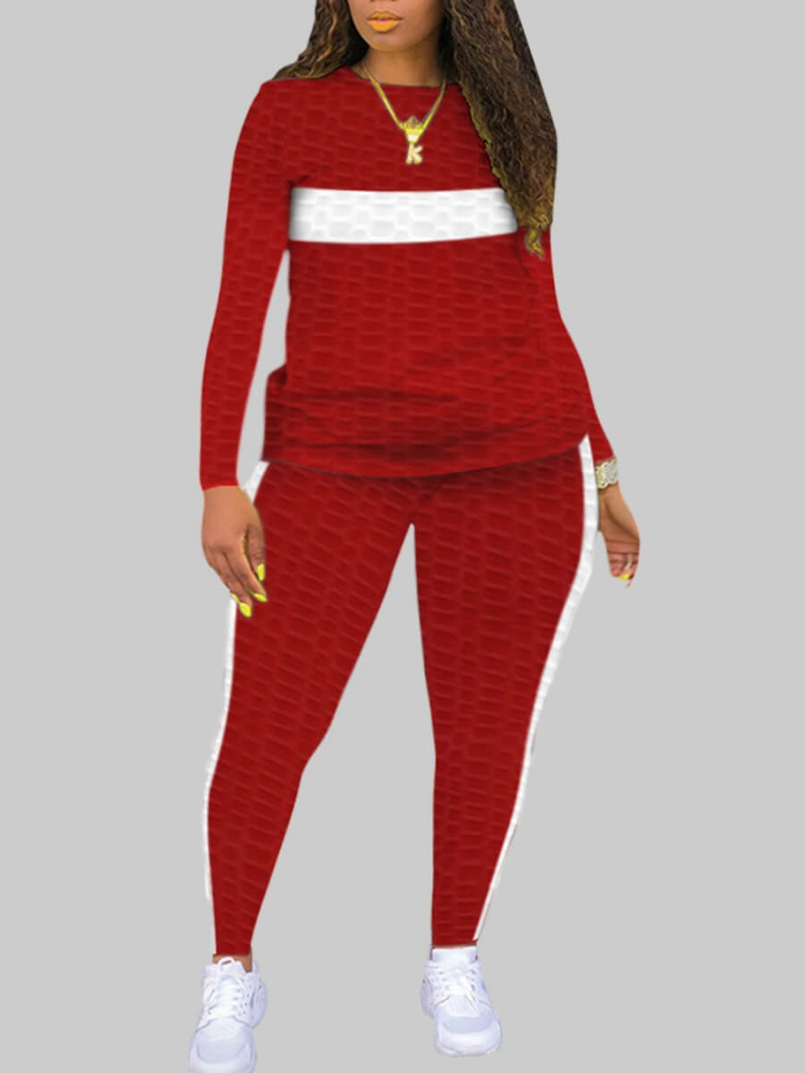 

Lovely Casual O Neck Patchwork Red Plus Size Two-piece Pants Set