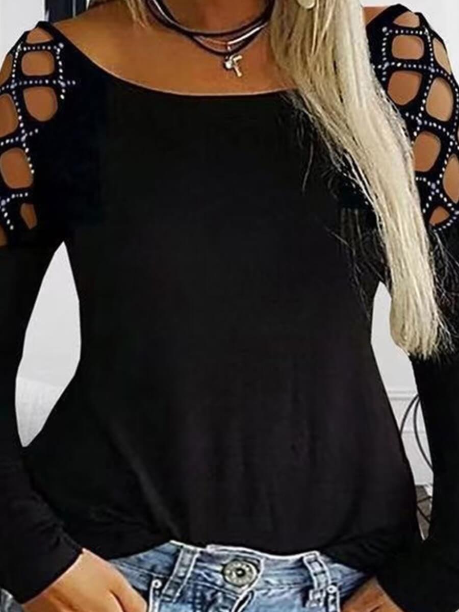 

Lovely Stylish O Neck Hollow-out Black Plus Size T-shirt
