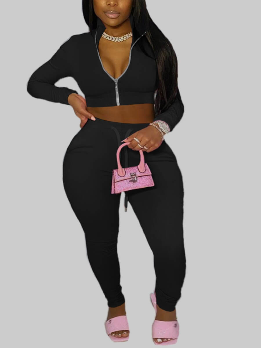 

Lovely Sportswear Turndown Collar Zipper Design Black Plus Size Two-piece Pants Set