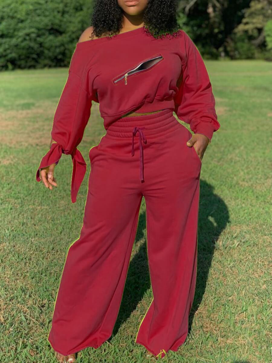 

Lovely Leisure Zipper Design Wine Red Two Piece Pants Set