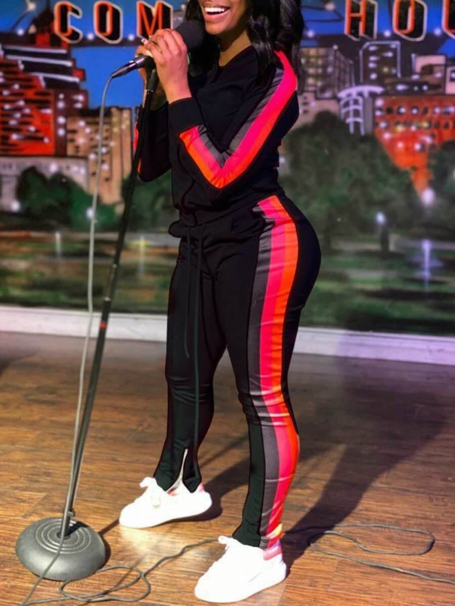 

LW Sportswear Patchwork Zipper Design Black Two Piece Pants Set