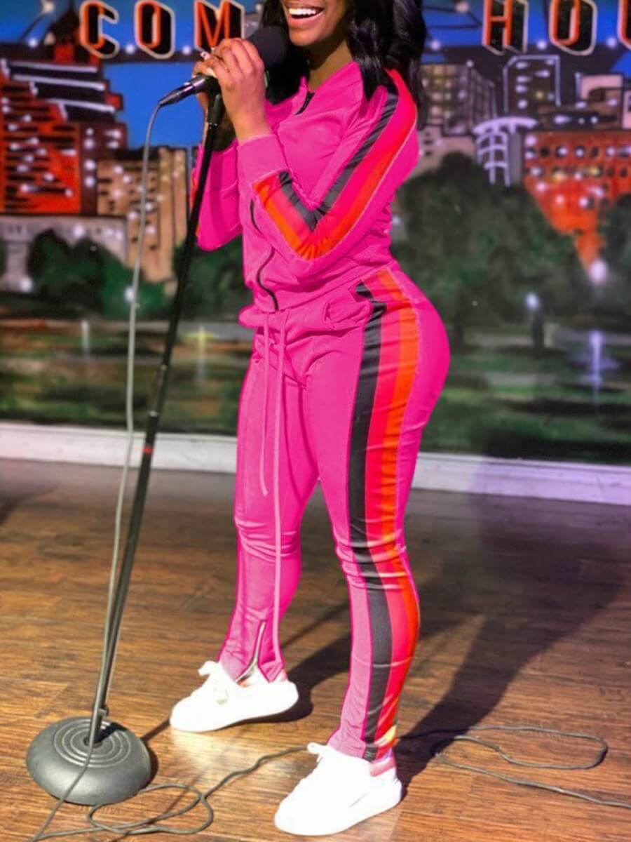 

LW Sportswear Patchwork Zipper Design Rose Red Two Piece Pants Set