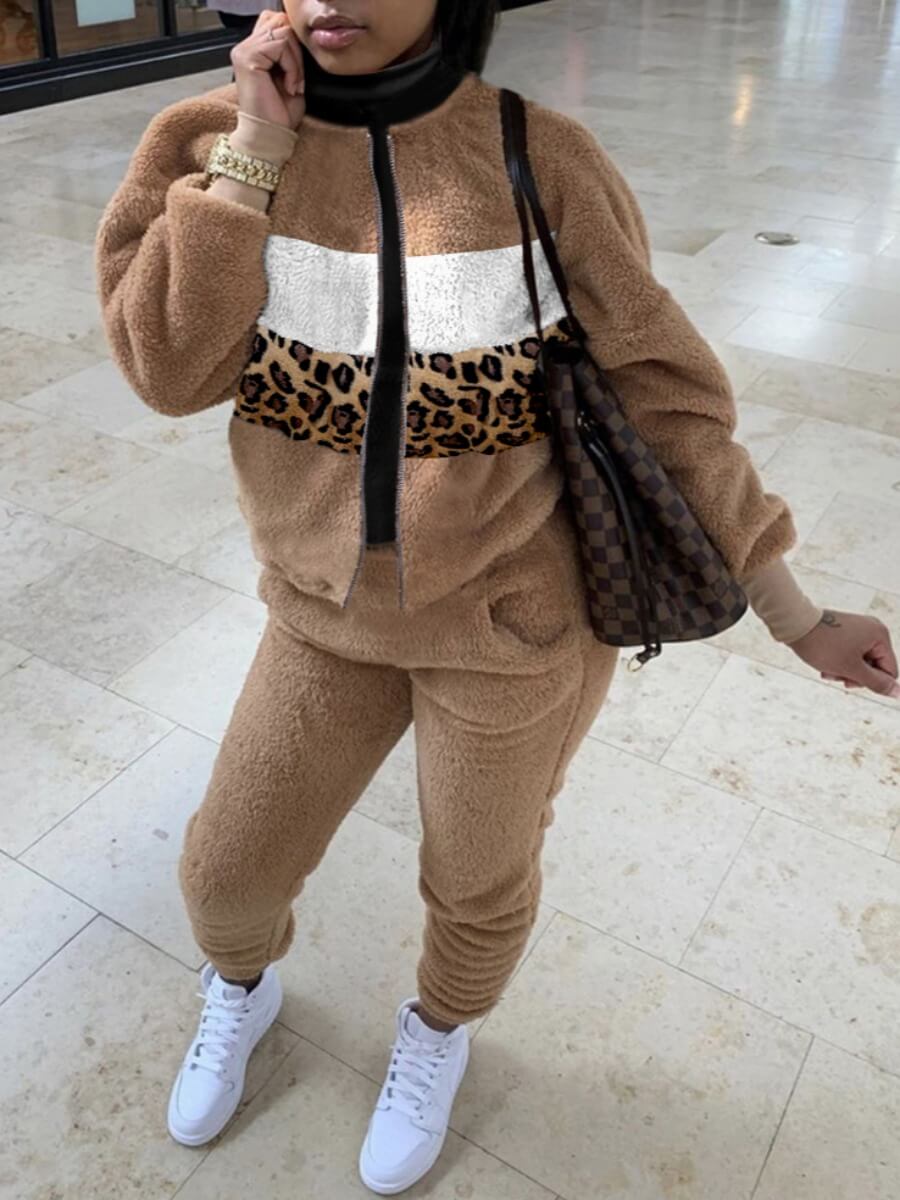 

Lovely Casual Leopard Print Patchwork Light Camel Two Piece Pants Set