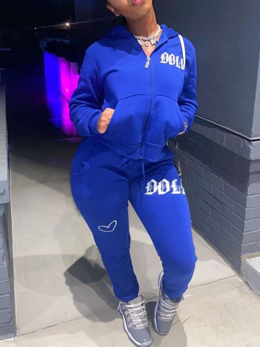 

Lovely Casual Hooded Collar Print Blue Plus Size Two-piece Pants Set