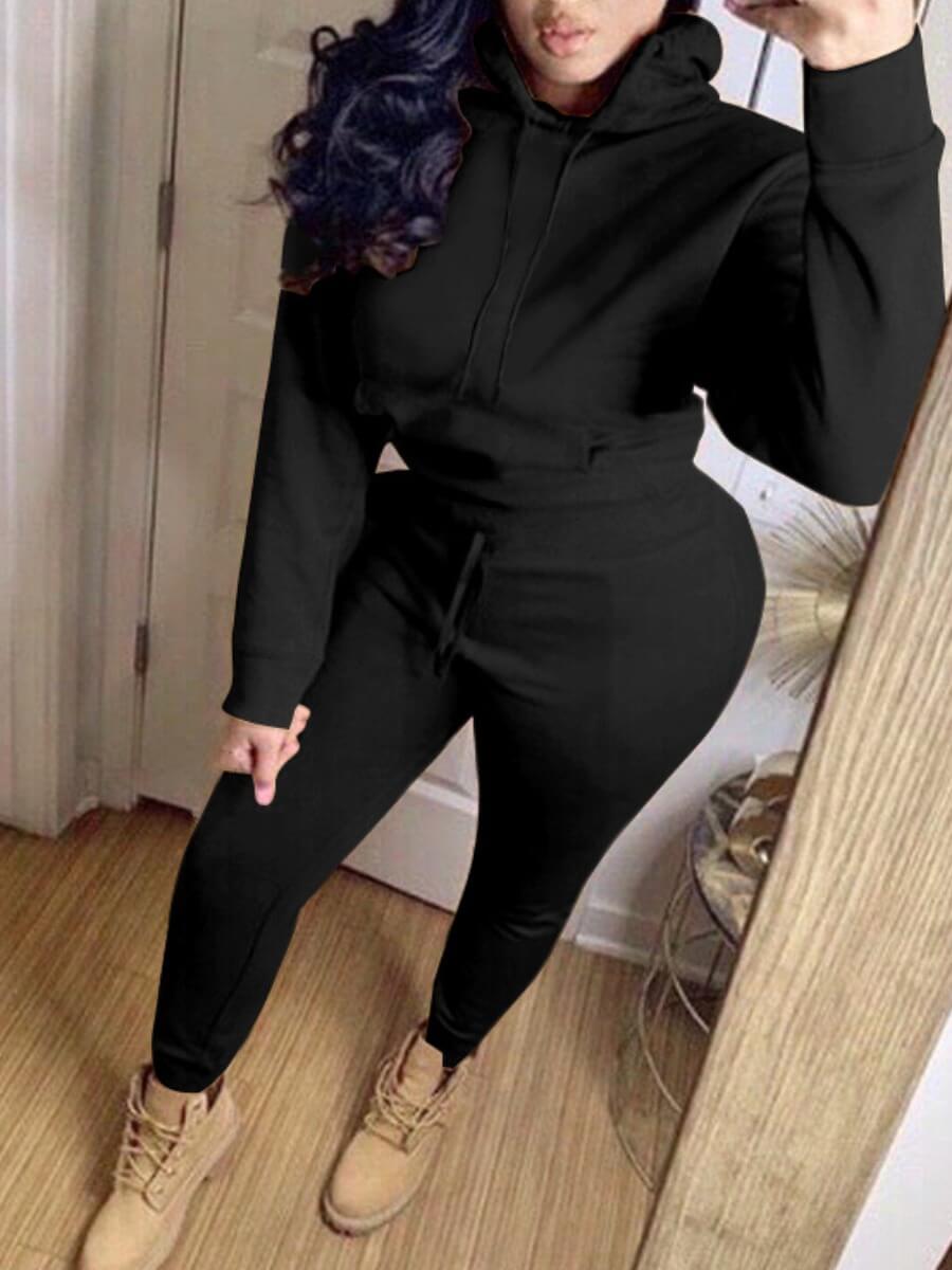 

Lovely Casual Hooded Collar Basic Black Two Piece Pants Set