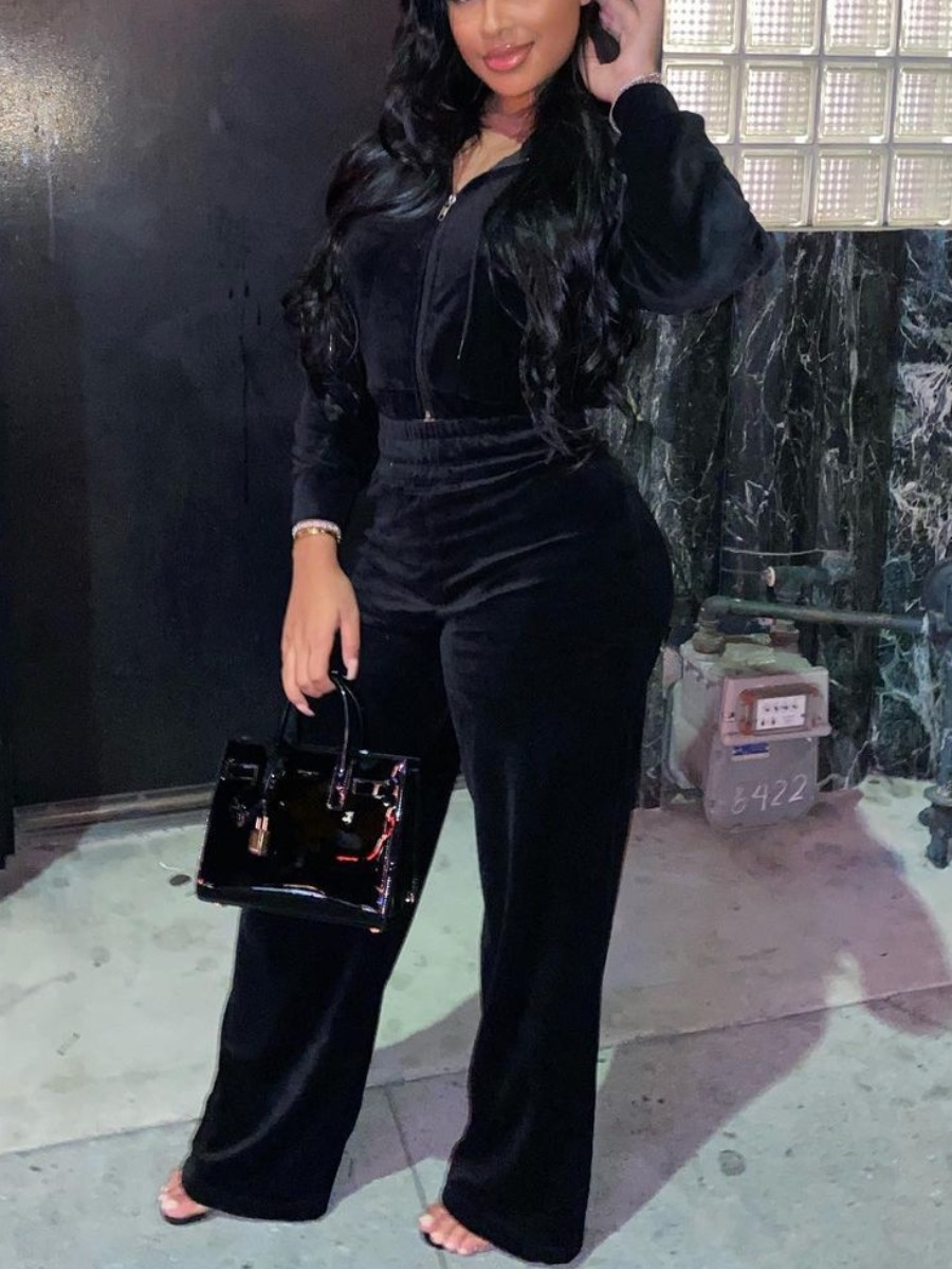 

Lovely Casual Hooded Collar Zipper Design Black Two Piece Pants Set