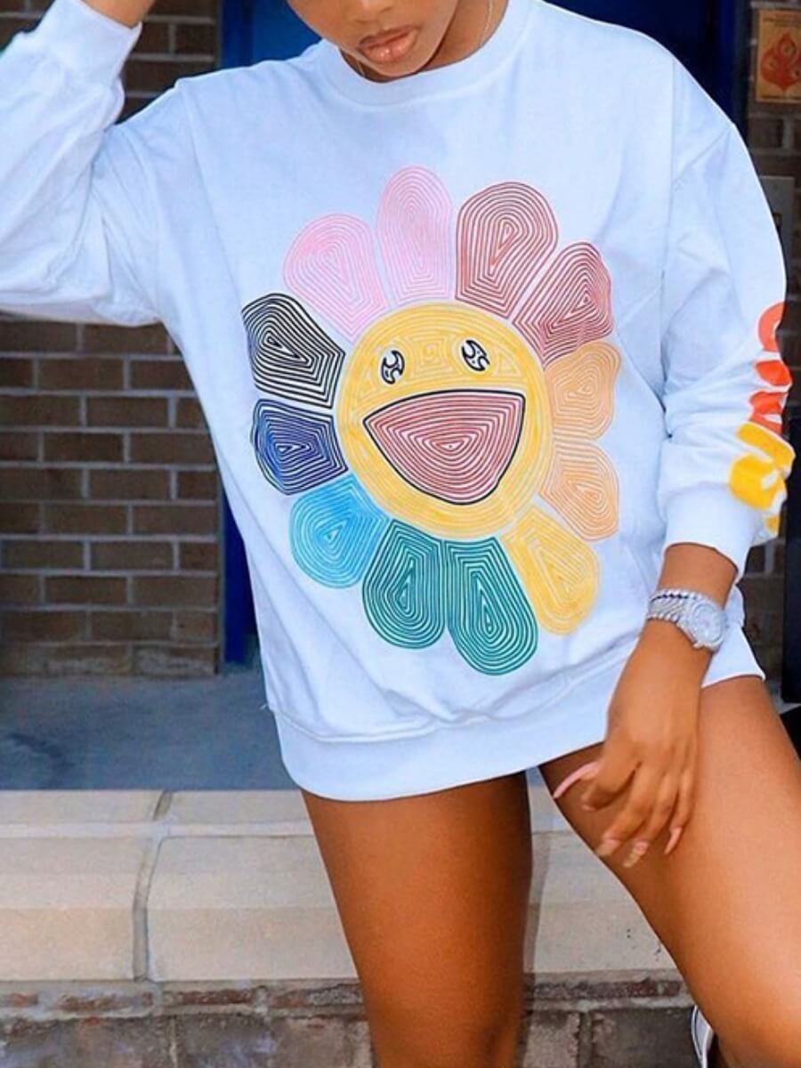 

Lovely Leisure O Neck Print White Hoodie