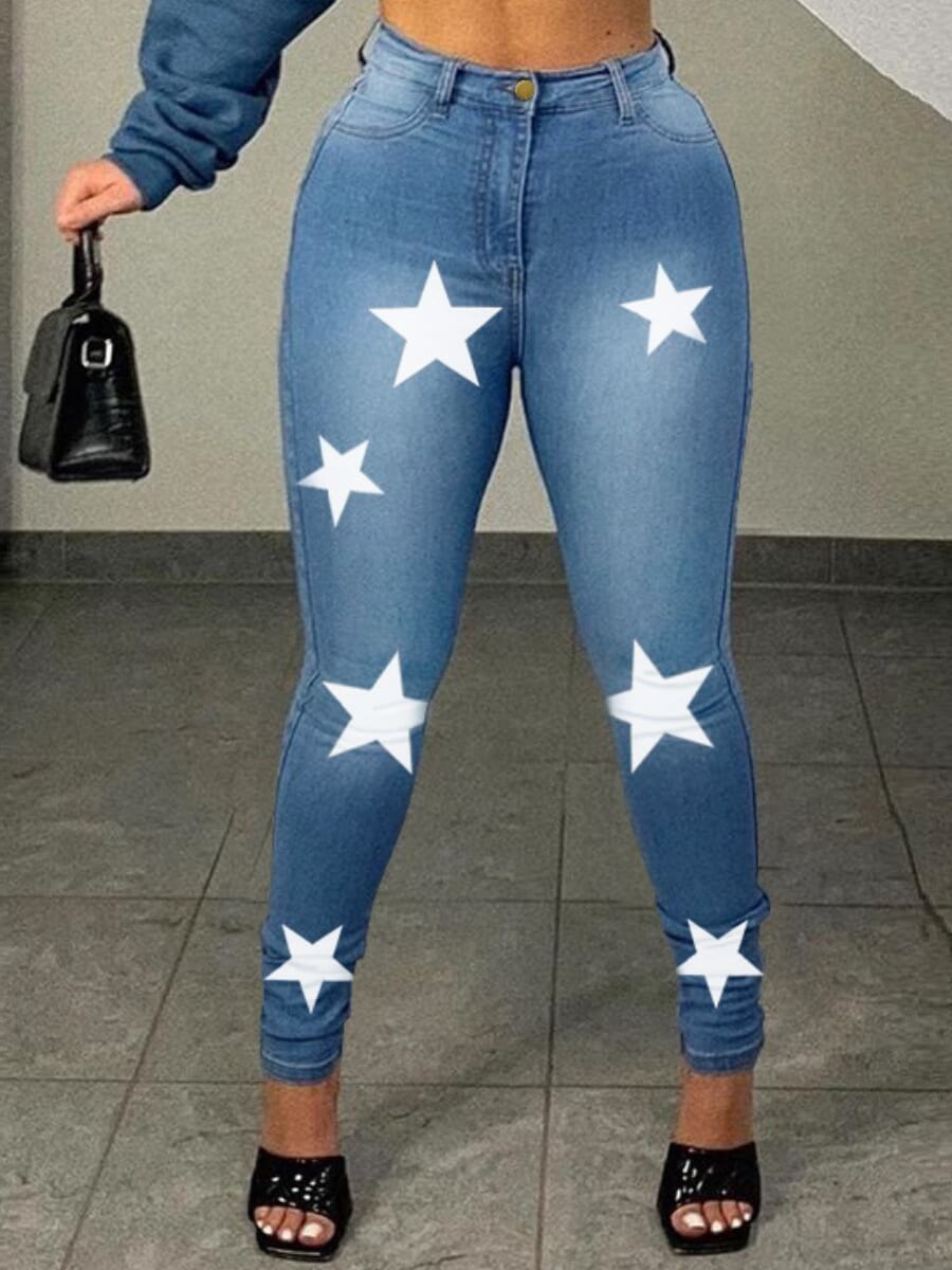 

Lovely Casual Pentagram Print Skinny Blue Jeans