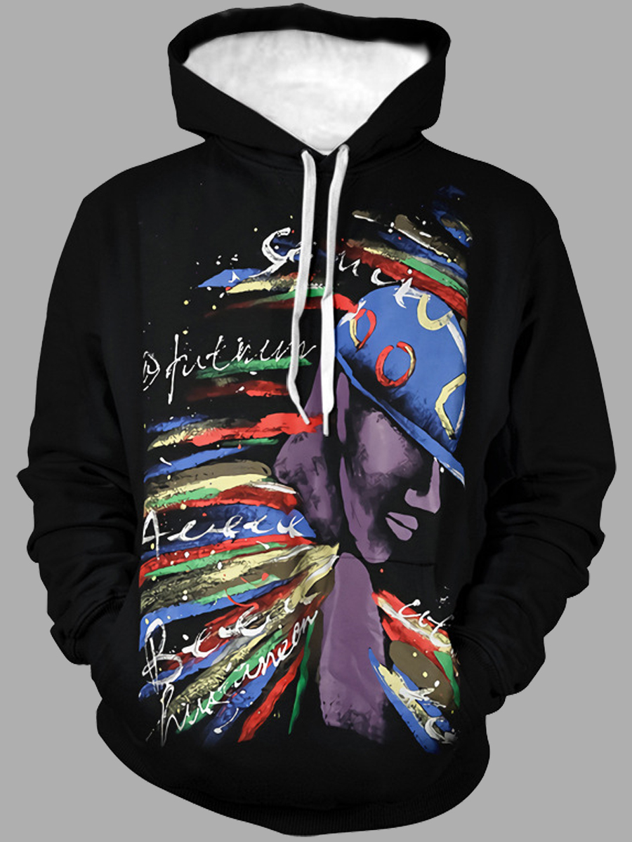 

lovely Street Hooded Collar Print Black Men Hoodie