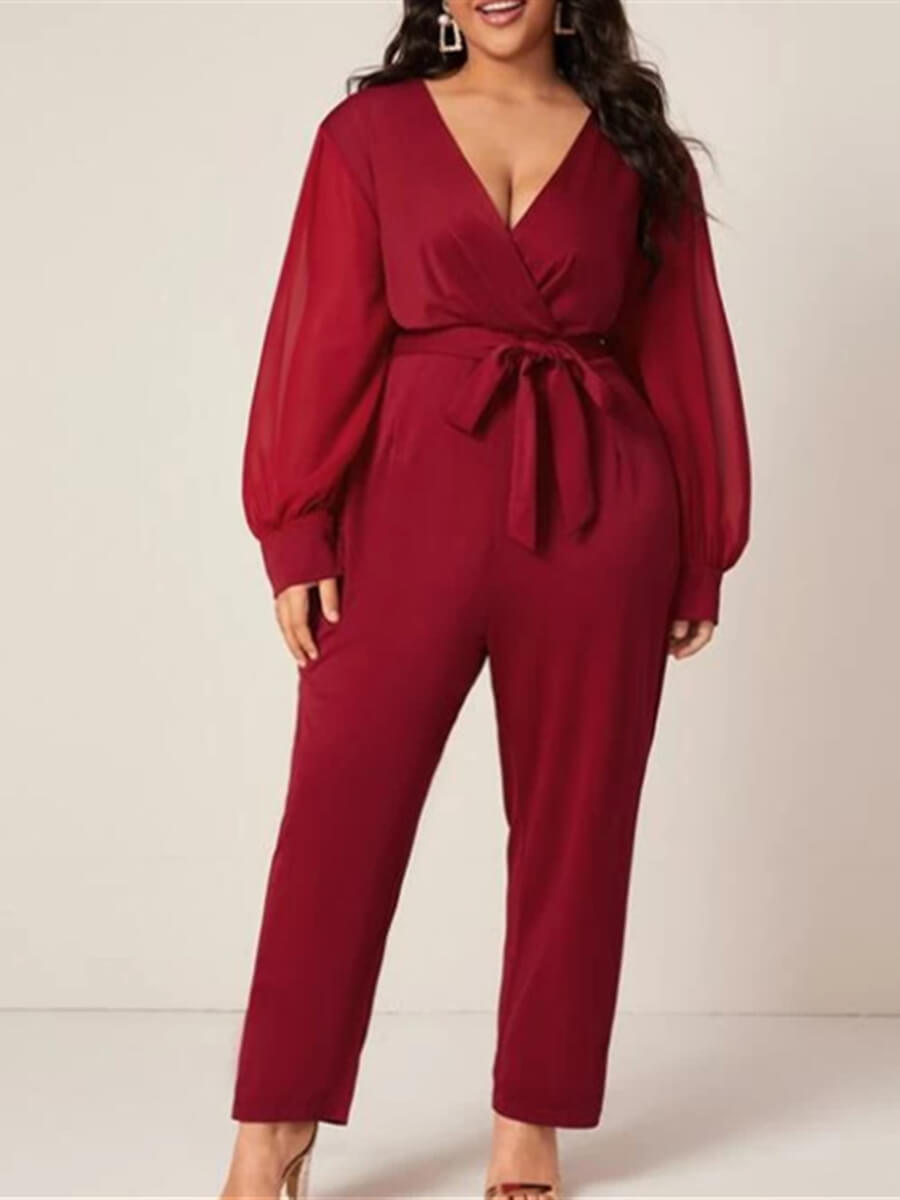 

Lovely Casual Deep V Neck Lace-up Red Plus Size One-piece Jumpsuit