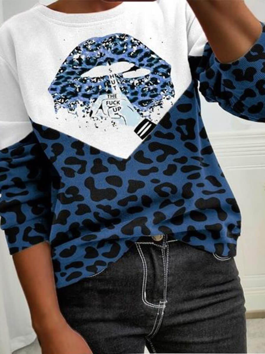 

Lovely Casual O Neck Lip Print Patchwork Blue Plus Size Blouse