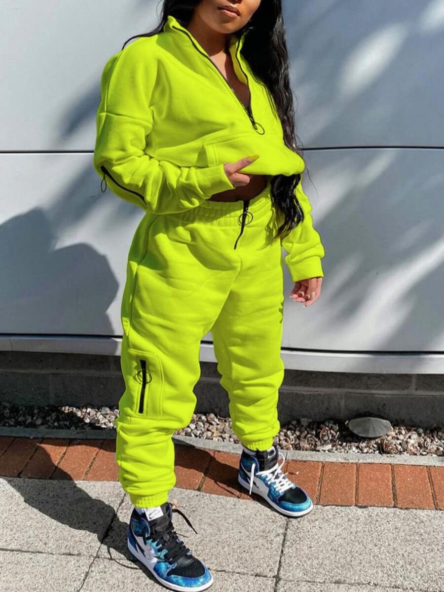 

Lovely Sportswear Turndown Collar Zipper Design Yellow Two Piece Pants Set