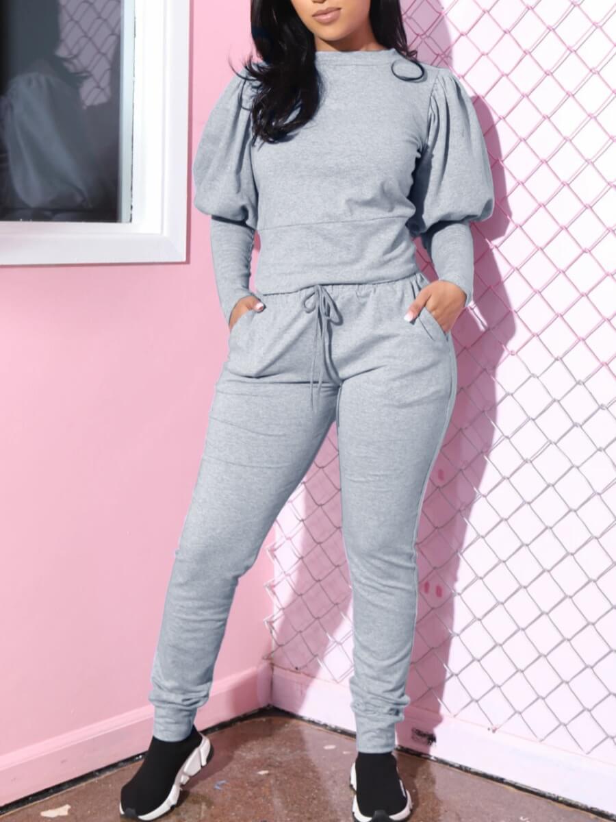 

Lovely Casual O Neck Puffed Sleeves Grey Two Piece Pants Set