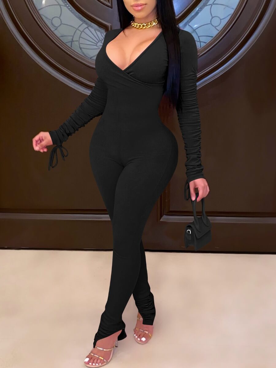 

Lovely Sportswear V Neck Fold Design Black One-piece Jumpsuit
