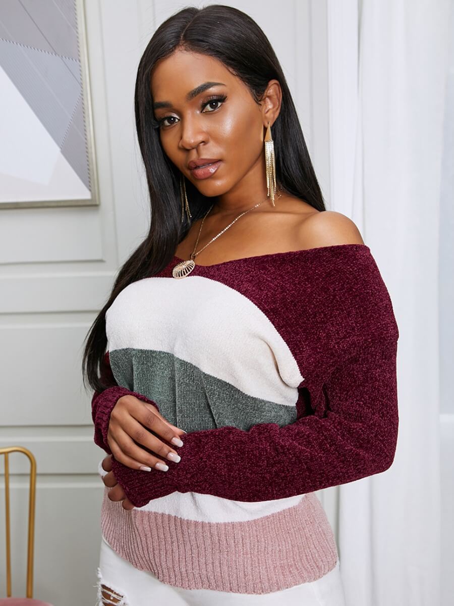 

Lovely Trendy V Neck Striped Patchwork Red Sweater